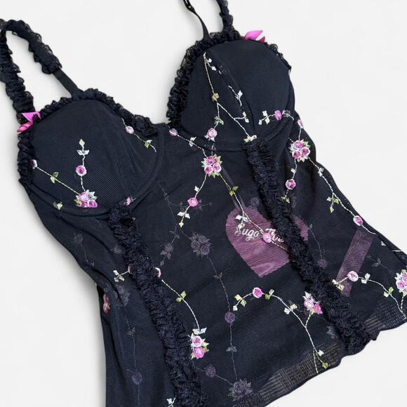 NWT Dolls Kill Sugar Thrillz Black & Pink Floral Sheer Mesh Romantic Bustier Top - Picture 6 of 7